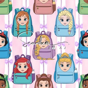 Può includere: Motivo ripetuto di zaini di cartoni animati con principesse. Gli zaini sono blu, viola, rosa e verdi, ognuno con il volto di una principessa. Lo sfondo presenta strisce rosa e fiocchi viola.