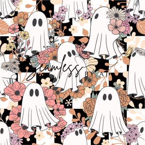 May include: A seamless pattern featuring white ghosts with black oval eyes, adorned with floral arrangements in shades of pink, peach, and yellow. The background is a black and white checkered pattern. The text "seamless by AJ" is written across the image.