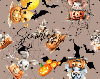 Halloween Animals Seamless Pattern Fabric (Digital Download)