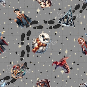 Magical seamless pattern, magical seamless, wizard seamless, sublimation fabric,Magical Wizard Seamless Pattern – Owl, Wand, Stars