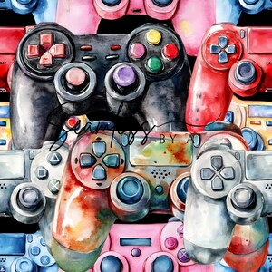 May include: A repeating pattern of watercolour video game controllers in red, pink, blue, grey, and black. The controllers are arranged in a repeating design, with the text "Seamless by AJ" in the centre.