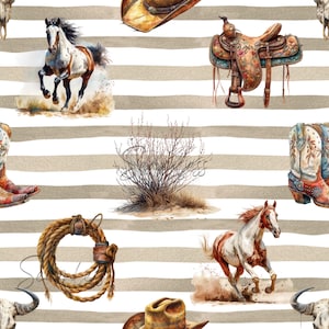 May include: A seamless pattern featuring a variety of western-themed illustrations, including horses, saddles, cowboy hats, boots, and a lasso. The background is a white and brown striped pattern.
