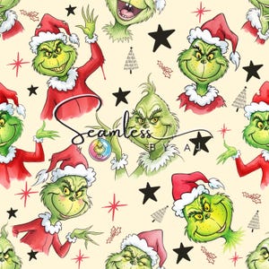 Könnte beinhalten: Nahtloses Muster mit dem Grinch in Weihnachtskleidung, rotem Hut und Anzug, auf cremefarbenem Hintergrund. Schwarze Sterne, Weihnachtsbäume und Stechpalmen ergänzen das Design. Das Wort "Seamless" ist zu sehen.