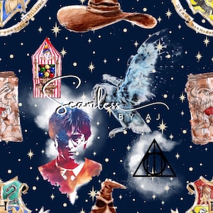 Navy magical seamless, witches and wizards, magical school, blue design, sublimation pattern
