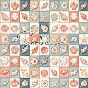 May include: A seamless pattern featuring various seashells and starfish in shades of beige, coral, and blue. The design includes different types of shells, each with unique shapes and textures, arranged on a patchwork background. The text "Seamless by AJ" is also present.