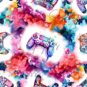 May include: A repeating pattern of colorful watercolor-style game controllers. The controllers are in shades of purple, blue, green, and red, set against a backdrop of vibrant, abstract paint splatters. The design is suitable for gaming enthusiasts.