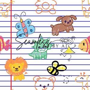 May include: A whimsical, seamless pattern featuring hand-drawn illustrations of a butterfly, dog, dinosaur, lion, bee, bear, giraffe, and fish. The design includes the text "Seamless by AJ" on a lined paper background.