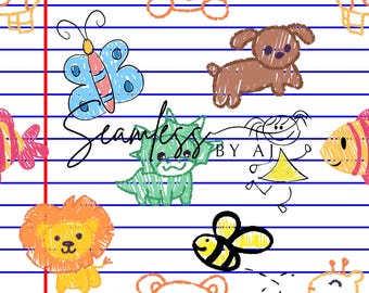 Kids Drawing Seamless Pattern: Kindergarten Fabric, Sublimation Design