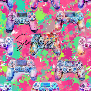 Pode incluir: Um padrão vibrante com controles de jogos coloridos em estilo aquarela em um fundo rosa com respingos de tinta verdes e rosa. O texto "Seamless by AI" é visível. Os controles têm vários layouts de botões e esquemas de cores.