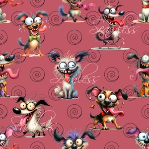 May include: A seamless pattern featuring cartoon dogs with various expressions and colors on a pink background. The dogs have exaggerated features, including large eyes, tongues sticking out, and crazy hair. The background is decorated with swirling patterns.