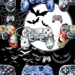Peut inclure: Motif sans couture avec des manettes de jeu à l'aquarelle sur le thème d'Halloween. Les manettes sont décorées de crânes, de chauves-souris et d'araignées. Le fond est noir avec des chauves-souris blanches et un visage de Jack-o'-lantern.