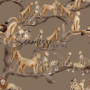 Peut inclure: Un motif sans couture avec des illustrations de gu&eacute;pards, de lions et de lionceaux sur des branches d'arbres. Les animaux sont repr&eacute;sent&eacute;s avec des motifs de fourrure et des poses d&eacute;taill&eacute;s. Le fond est de couleur marron uni, et le texte "Seamless BY AJ" est pr&eacute;sent.