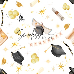 Può includere: Motivo senza cuciture con elementi di laurea. Il design include cappelli di laurea neri, esplosioni di stelle dorate, diplomi e palloncini dorati su sfondo bianco. È presente anche il testo "Seamless by AJATE" e "GRADUATE".