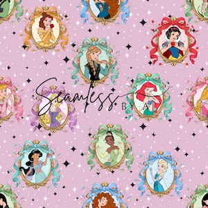 May include: A repeating pattern featuring portraits of Disney princesses in ornate gold frames, set against a light pink background with scattered black star shapes. The word "Seamless" is written in cursive.