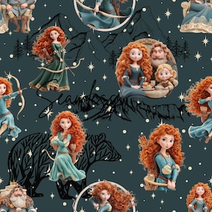 以下が含まれることがあります： シームレスパターン。赤い髪の女性が、弓矢を持ったティール色のドレスを着ており、他のキャラクターも描かれています。背景は、山、星、木々が描かれた濃いティール色です。