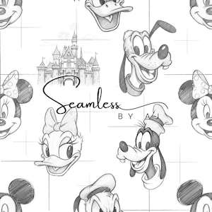 Può includere: Motivo senza cuciture con illustrazioni a matita di personaggi Disney, tra cui Topolino, Minnie, Paperino, Paperina, Pippo e Pluto. Il motivo include anche un castello e il testo "Seamless BY AJ".