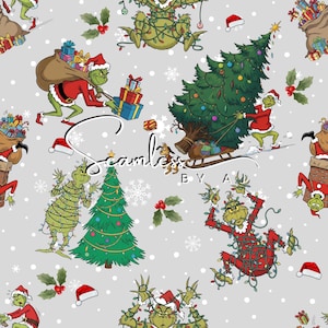 May include: A repeating pattern with the Grinch in festive scenes, such as carrying presents and decorating a Christmas tree. The design includes Santa hats, snowflakes, and holly on a light grey background. The text "Seamless by A" is also visible.