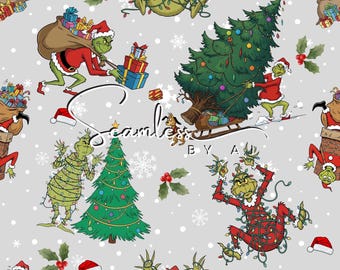 May include: A seamless pattern featuring the Grinch in various poses, including carrying gifts, decorating a Christmas tree, and tangled in lights. The design includes Santa hats, snowflakes, and holly on a light gray background.