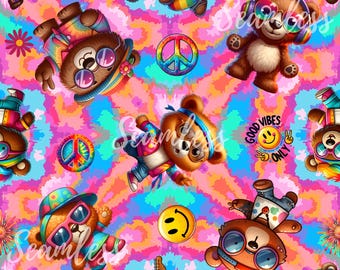 Hippie teddy bear seamless,hippies pattern, peace seamless, sublimation fabric