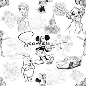 Peut inclure: Motif sans couture en noir et blanc avec des personnages Disney tels que Mickey Mouse, Elsa, Simba et Winnie l'ourson. Comprend un château, des fleurs et une voiture de course. Le mot "Seamless" est écrit en cursive.