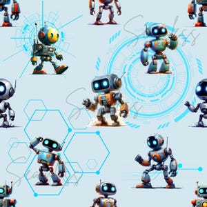 以下が含まれることがあります： 薄い青色の背景にカラフルなロボットが描かれたシームレスなパターン。ロボットはそれぞれデザインやポーズが異なり、中には工具を持っているものやアンテナが付いているものもいます。背景には幾何学的な形や線が描かれており、未来的な遊び心のあるデザインになっています。