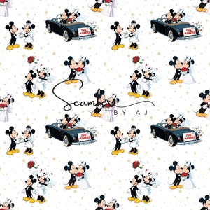 May include: A repeating pattern featuring Mickey and Minnie Mouse in wedding attire. The design includes images of the couple holding hands, kissing, and riding in a vintage car with a "Just Married" sign. The background is white with gold stars.
