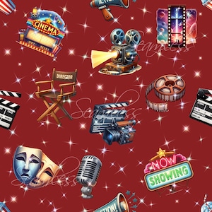 May include: A red background with a repeating pattern of movie-themed icons. The icons include a clapperboard, a film reel, a director's chair, a movie camera, a microphone, a megaphone, a movie marquee, and a pair of theatrical masks. The background is covered in white stars.