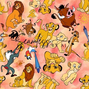 Puede incluir: Patrón sin costuras con personajes de El Rey León, incluyendo Simba, Nala, Timón, Pumba y Zazú, sobre un fondo rosa y naranja estilo acuarela. El diseño incluye el texto "Seamless" y "Remember Who You Are".