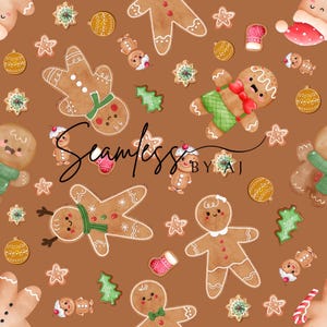 May include: A repeating pattern of gingerbread men, cookies, and Christmas ornaments on a brown background. The gingerbread men have various outfits and expressions. The text "Seamless by AJ" is in the center of the image. Christmas themed.