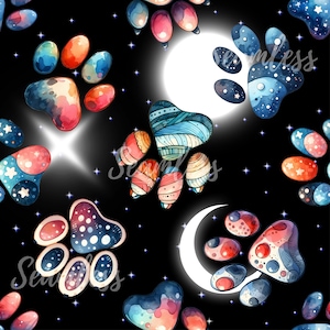May include: A seamless pattern featuring colorful paw prints on a black background with white stars. The paw prints are in shades of blue, red, and orange, and some have a galaxy-like design. There are also white moons and stars in the background.