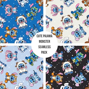 May include: Four seamless patterns featuring cartoon monsters in various costumes. The designs include a blue monster in a sheep costume, a pink monster, a green monster, and an orange tiger. The text "CUTE PAJAMA MONSTER SEAMLESS PACK" is in a white circle.