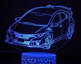 Lámpara de noche 3D Honda Civic Type R 10.ª generación DBA FK2, luz de noche 3D, luz para niños, lámpara LED de ilusión 3D, regalo para él, idea de regalo Civic