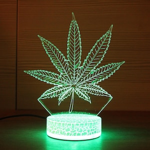 Può includere: Una luce notturna a LED verde a forma di foglia di cannabis. La foglia è illuminata da una luce verde brillante e la base ha un motivo strutturato. La luce è collegata a una fonte di alimentazione.