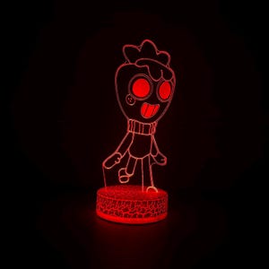 Könnte beinhalten: Rote LED-Lampe in Form einer Comicfigur mit lächelndem Gesicht, die einen Pullover trägt und auf einem runden Sockel steht. Die Lampe strahlt ein hellrotes Leuchten vor einem schwarzen Hintergrund aus.