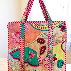 Quilted Cotton Handprinted Reversible Large Pink Bohemian Tote Bag | Eco friendly Sturdy Grocery Shopping | Handmade Artist Boho Carry All