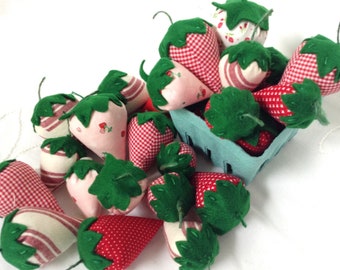 Fabric strawberries, Set of 10 Mixed Red, Pink, and White, Hand-Sewn Green Felt Leaves Stems, Spring Summer Home Kitchen Decor Accessory