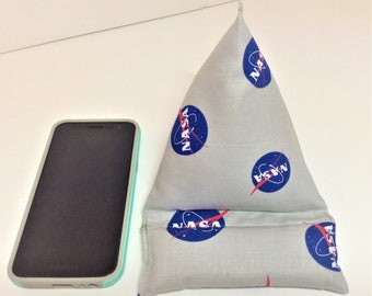 Cell Phone XL Pillow Stand, NASA Space Logo, Mobile Phone Cushion, Phone Stand, Hands Free Device Holder, Fits Larger Than Average Phone