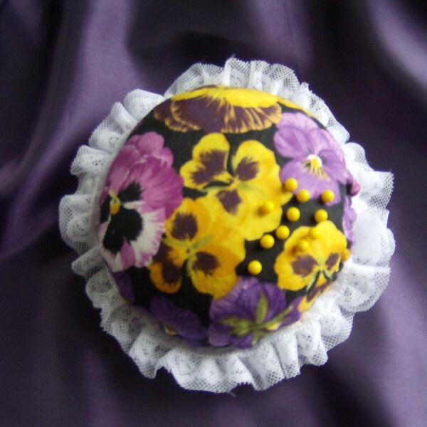 Large Pin Cushion, Handmade, Pansy Flowers with Lace