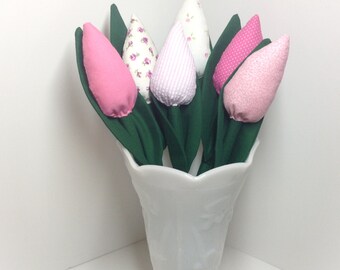 Fabric Tulips, Bouquet of 6 Mixed Pink Colors, Farmhouse Decor, Hostess Gift, Handmade, Fabric Flowers, Tilda Tulips, Home Table Accessory