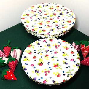 Berries Reversible Reusable Bowl Covers, Set of 2, One Large, One Medium, Eco Friendly, Picnic, Outdoor Dining, Cotton Fabric, Hostess Gift