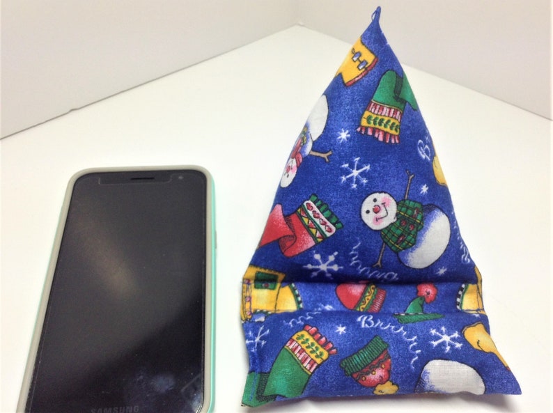 Cell Phone Pillow Stand, Winter Snowman Fabric, Mobile Phone Cushion, Desk Phone Stand, Hands Free Device Holder, Fits Average Size Phone image 2