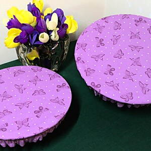 Purple Butterfly & Daisy Reversible Reusable Bowl Covers, Set of 2, One Large One Medium, Eco Friendly, Picnic, Outdoor Dining, Hostess Gift