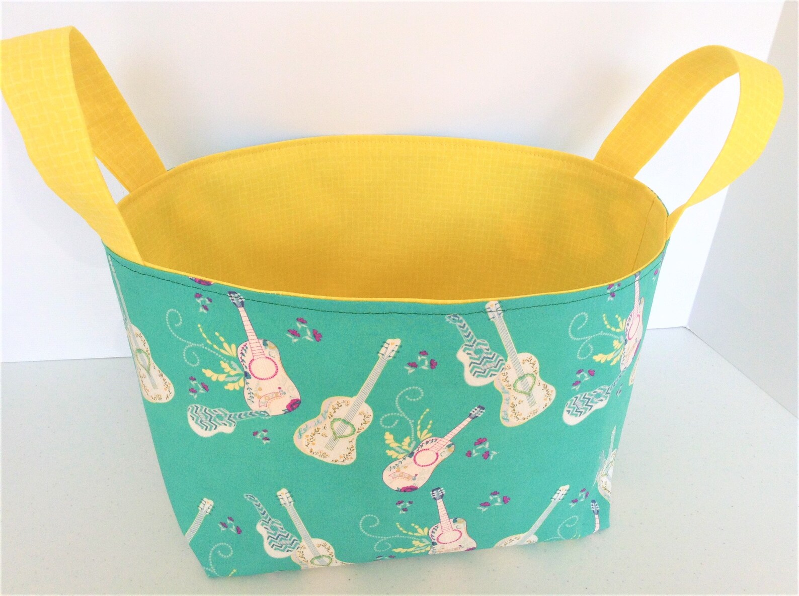 Large Fabric Basket With Handles Guitars on Teal 100 Cotton Etsy