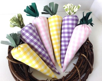 Gingham Fabric Carrots: Handmade Spring Decor, Set of 6