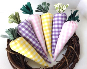 Rainbow Fabric Carrots, Bunch of 6 Gingham Pink, Purple, Yellow Easter Decor, Spring, Farmhouse Decor, Handmade, Home Kitchen Accent