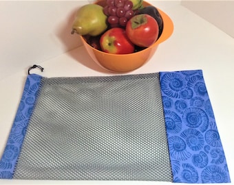 Reusable Mesh Produce Bag, XL 19 x 11 Inch Drawstring Bag, Vegetable Fruit Bulk Shopping, Farmers Market, Green Net Zero, Blue Swirl Circles