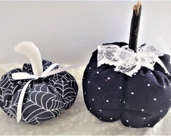 Black White Fabric Pumpkins, Set Of 2, Handmade, Unique, Decorative Pumpkin Set, Lace and Ribbon Accents, Black and White Home Decor