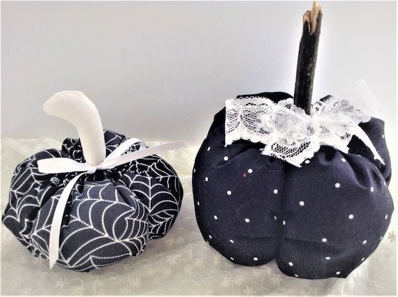 Black White Fabric Pumpkins, Set Of 2, Handmade, Unique, Decorative Pumpkin Set, Lace and Ribbon Accents, Black and White Home Decor