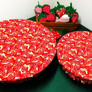 Strawberries Reversible Reusable Bowl Covers, Set of 2, One Large, One Medium, Eco Friendly, Picnic, Outdoor Dining, Hostess Gift