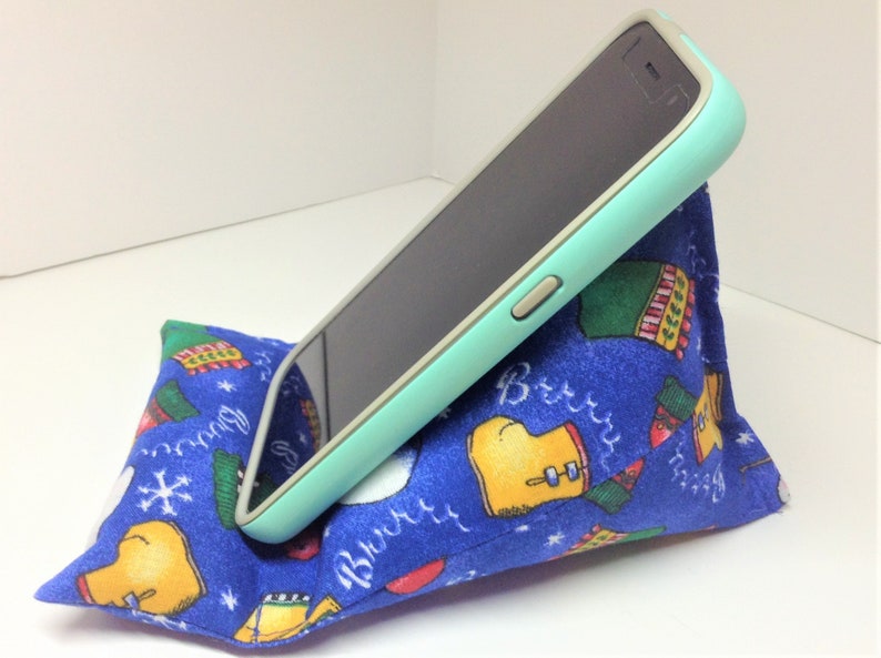 Cell Phone Pillow Stand, Winter Snowman Fabric, Mobile Phone Cushion, Desk Phone Stand, Hands Free Device Holder, Fits Average Size Phone image 3